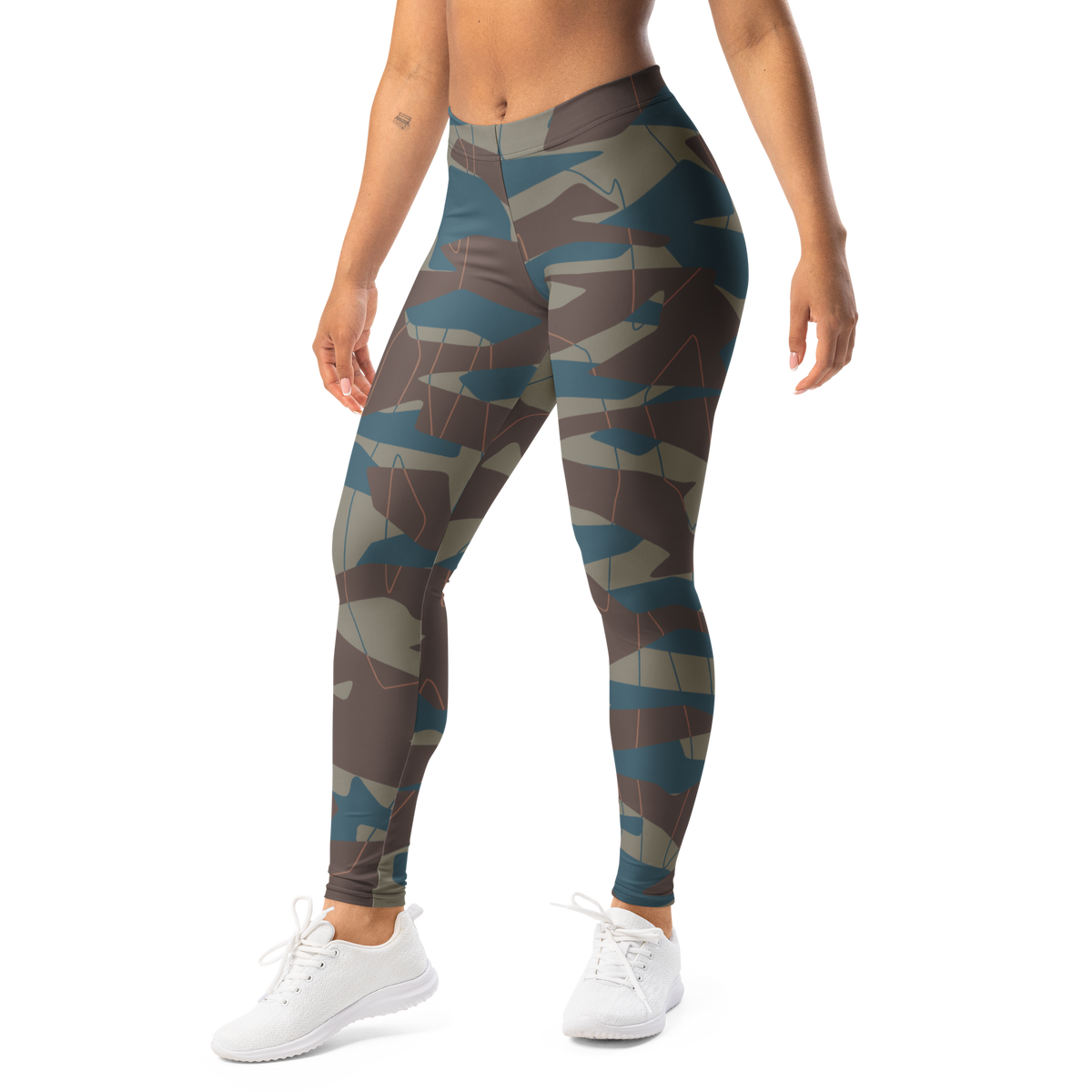 Timbre Subtle Contrasts camouflage mid-rise comfort leggings, left-front view.