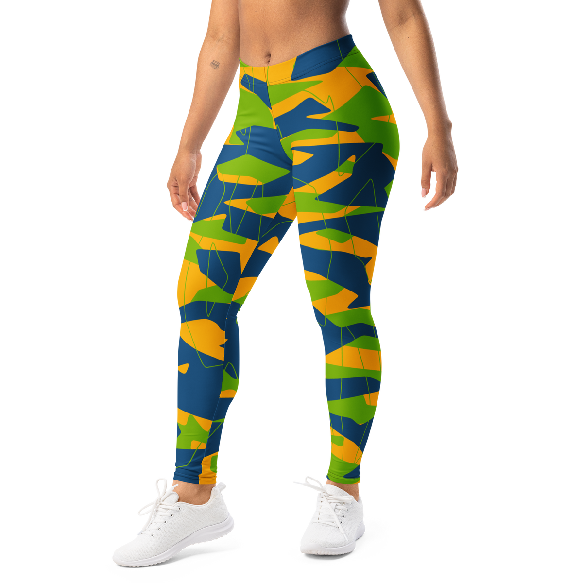 Timbre Summer camouflage mid-rise comfort leggings, left-front view.