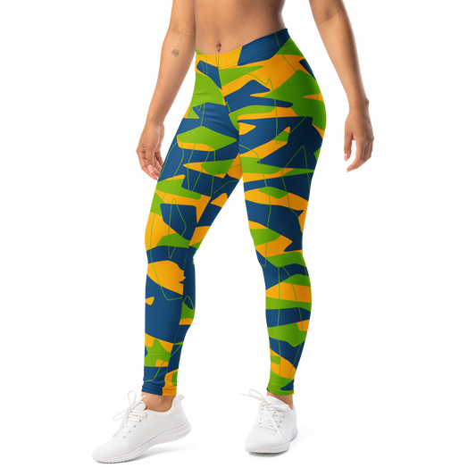Timbre Summer camouflage mid-rise comfort leggings, left-front view.