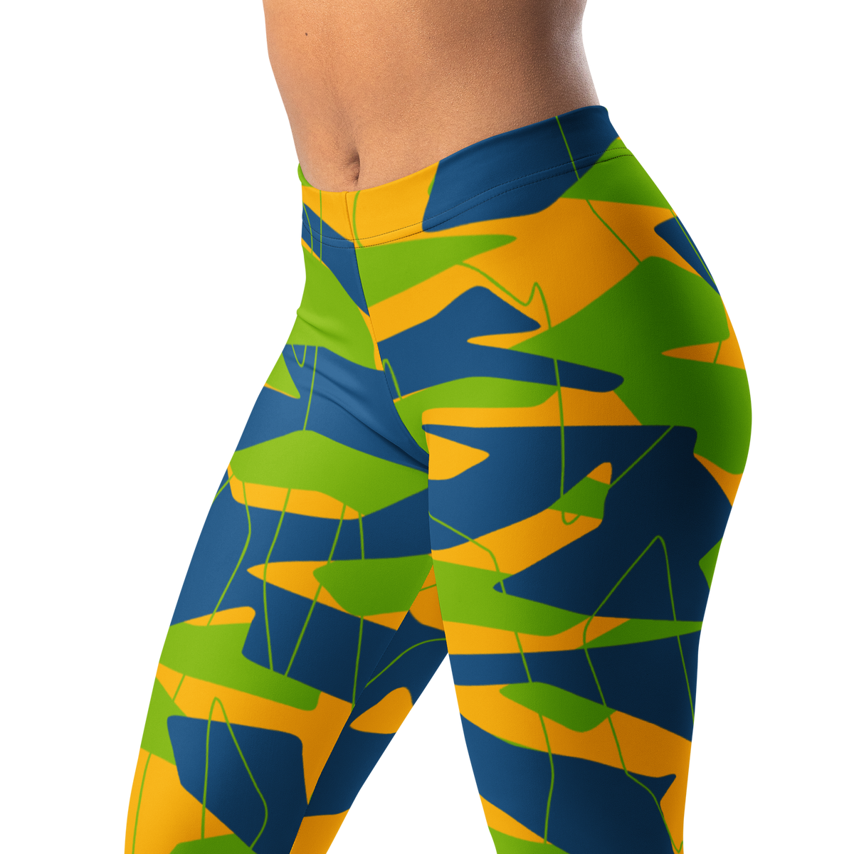 Timbre Summer camouflage mid-rise comfort leggings, waistband and pattern detail.