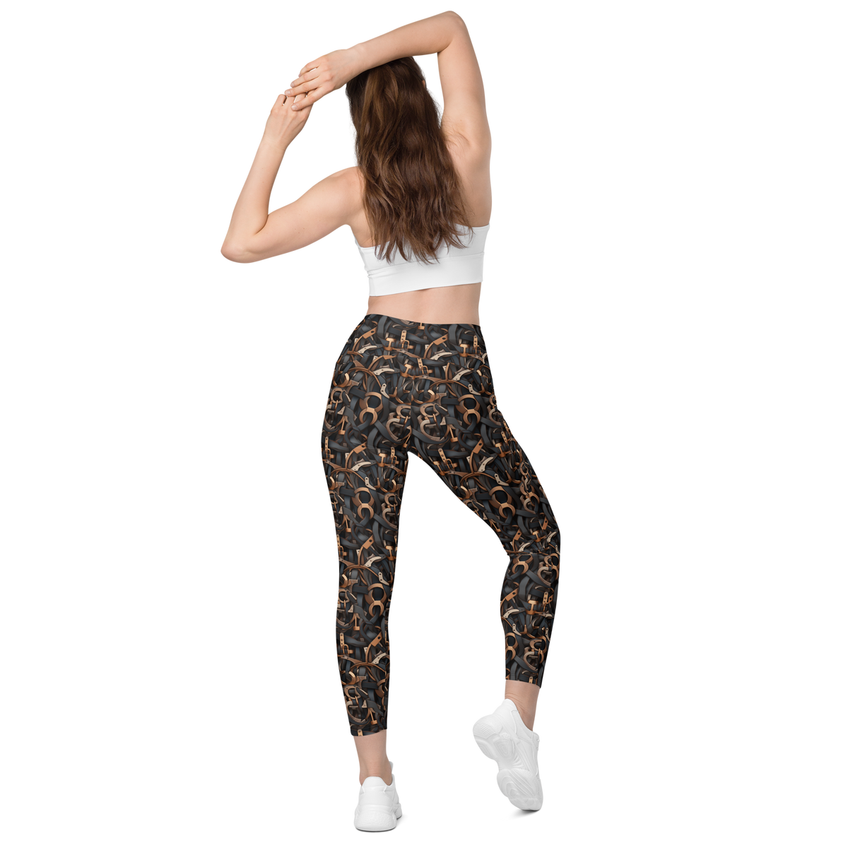 Tressel Greyscale high-waisted pocket leggings, back view.