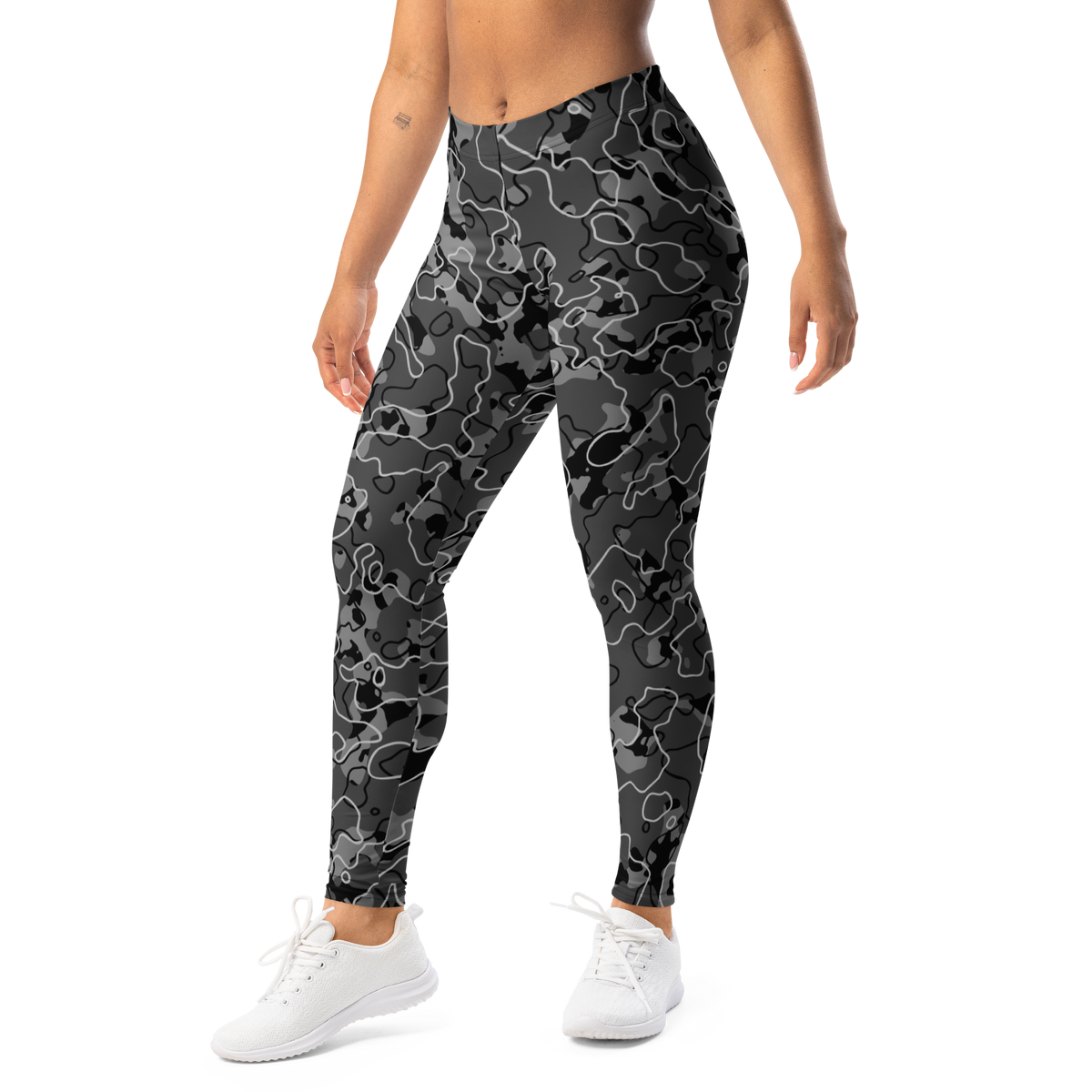 Tundra Greyscale camouflage mid-rise comfort leggings, left-front view.