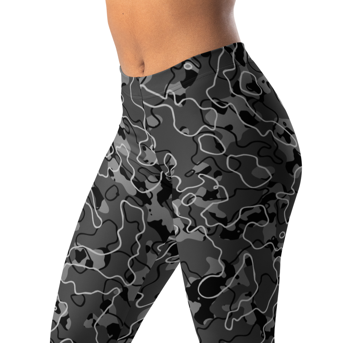 Tundra Greyscale camouflage mid-rise comfort leggings, waistband and pattern detail.