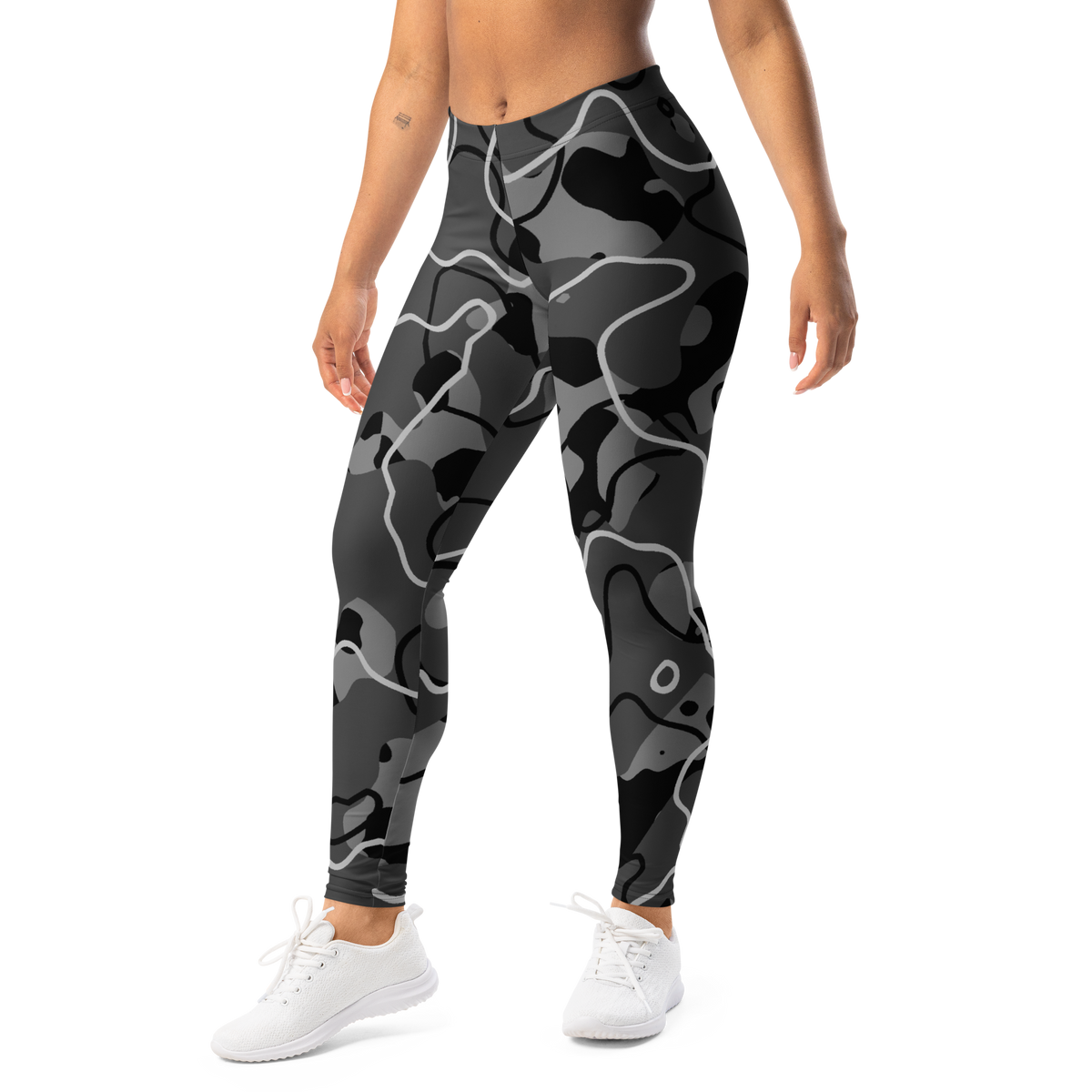 Tundra Greyscale Large-Scale camouflage mid-rise comfort leggings, left-front view.