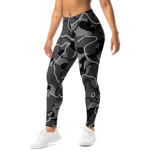 Tundra Greyscale Large-Scale camouflage mid-rise comfort leggings, left-front view.