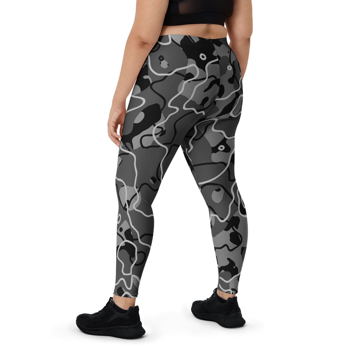 Tundra Greyscale Large-Scale camouflage mid-rise comfort leggings, oversize-fit back view.
