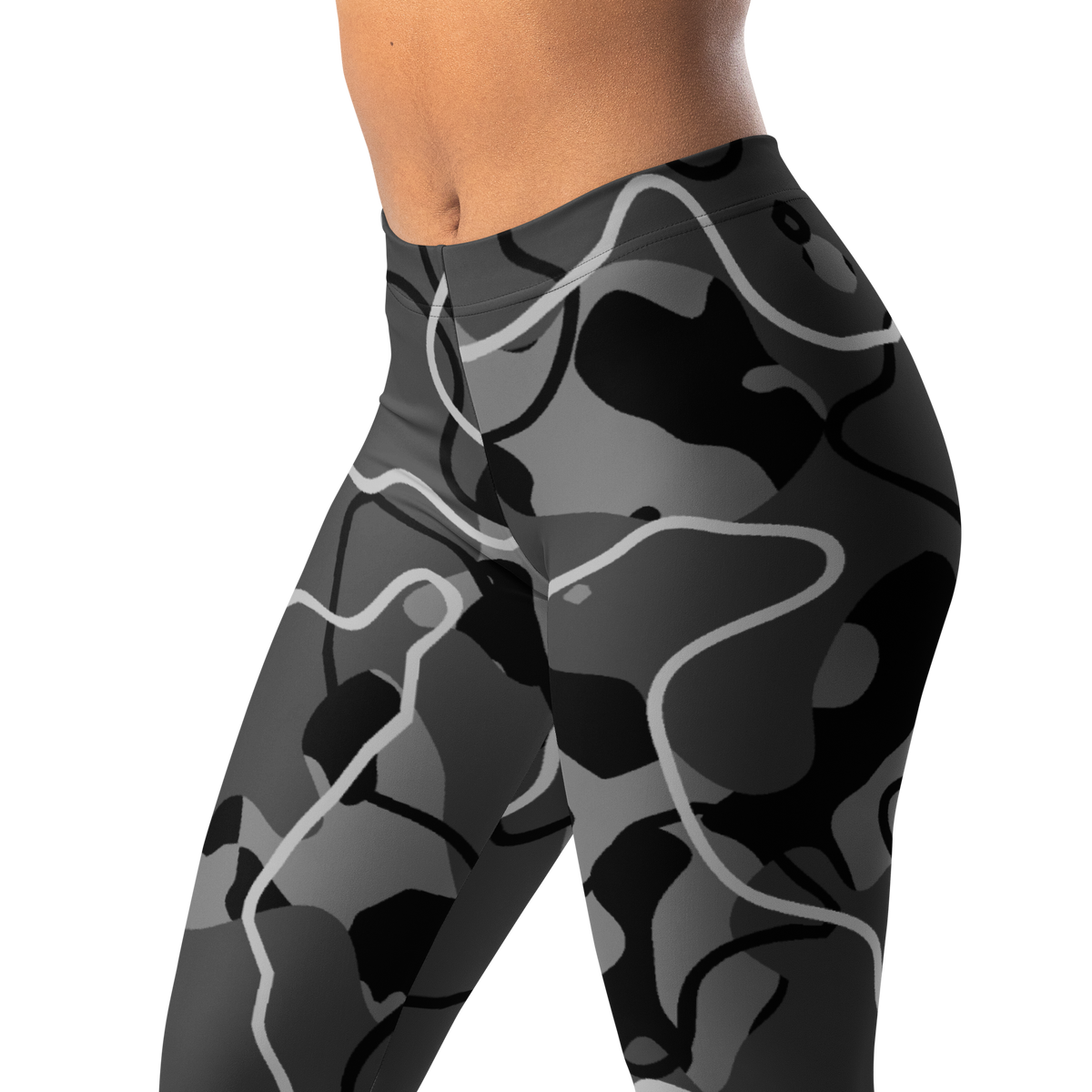 Tundra Greyscale Large-Scale camouflage mid-rise comfort leggings, waistband and pattern detail.