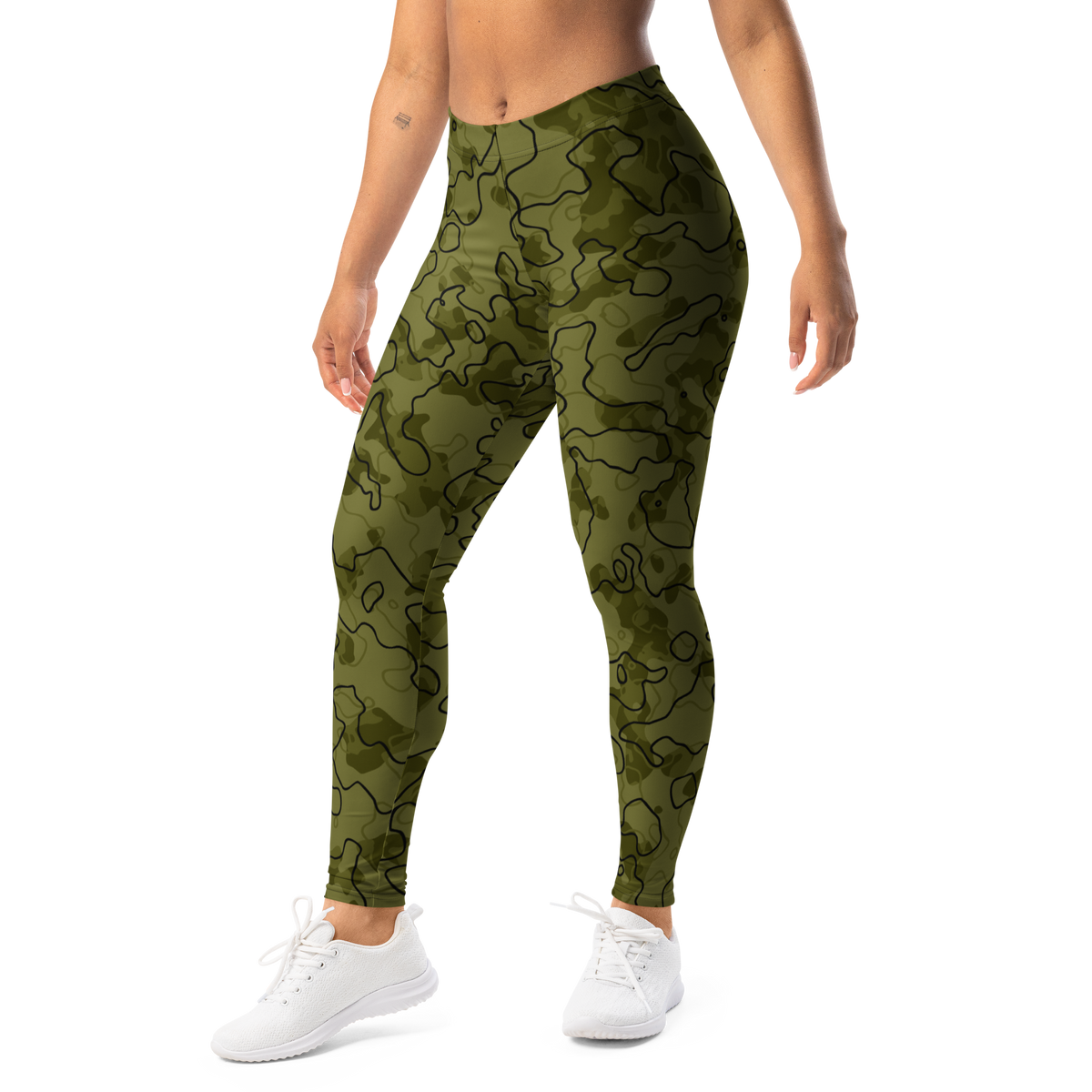 Tundra Cardamom Seed camouflage mid-rise comfort leggings, left-front view.