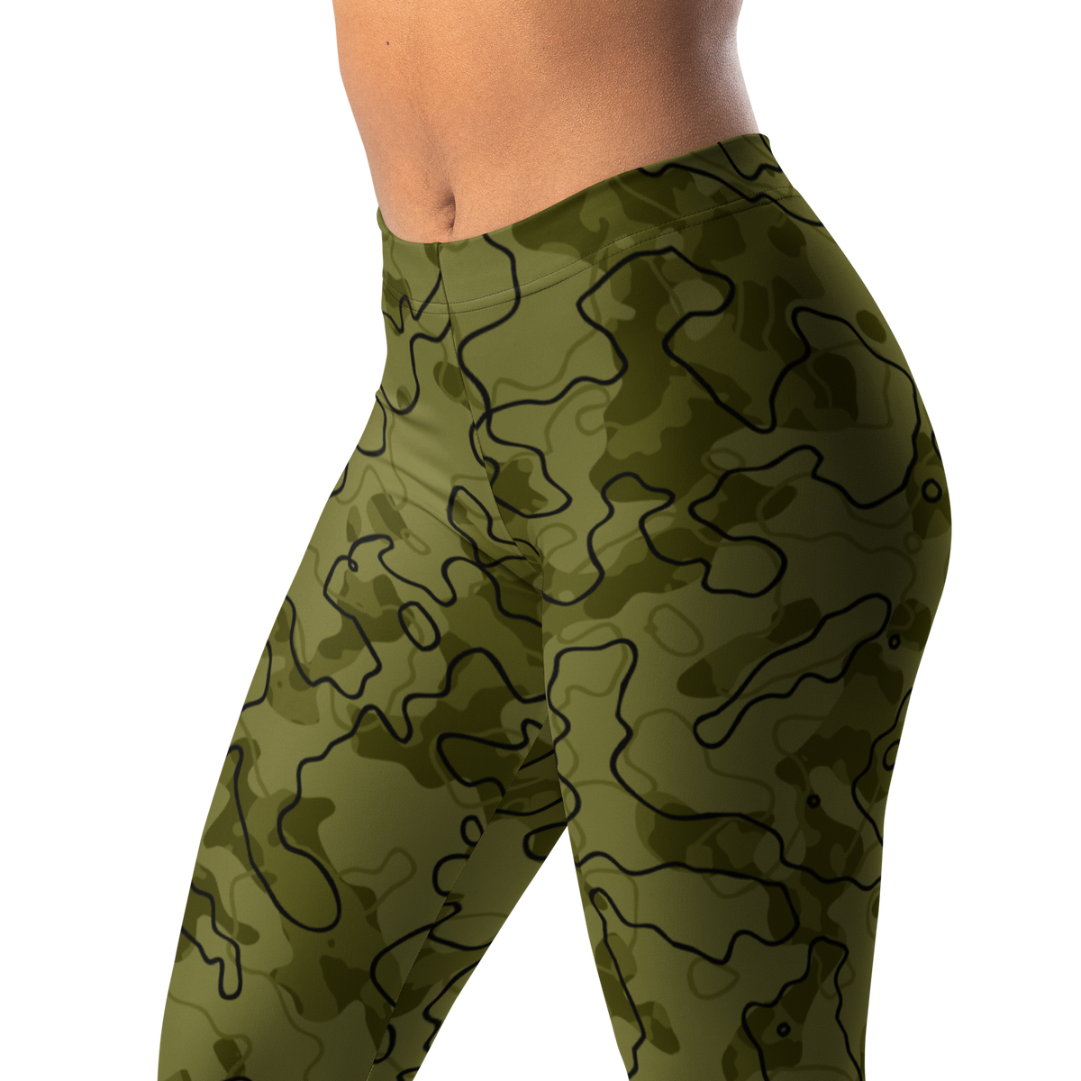 Tundra Cardamom Seed camouflage mid-rise comfort leggings, waistband and pattern detail.