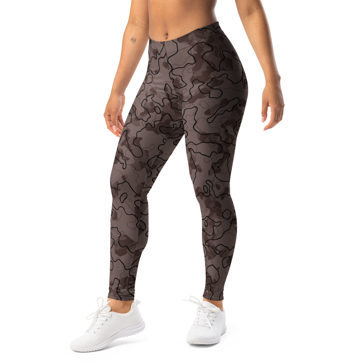 Tundra Chicory Coffee camouflage mid-rise comfort leggings, left-front view.