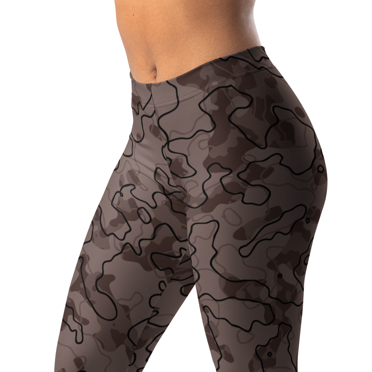 Tundra Chicory Coffee camouflage mid-rise comfort leggings, waistband and pattern detail.