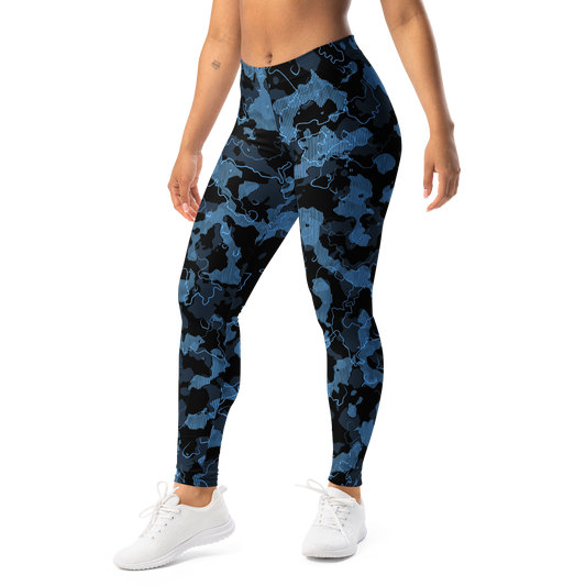 Tundra Classic Blue camouflage mid-rise comfort leggings, left-front view.