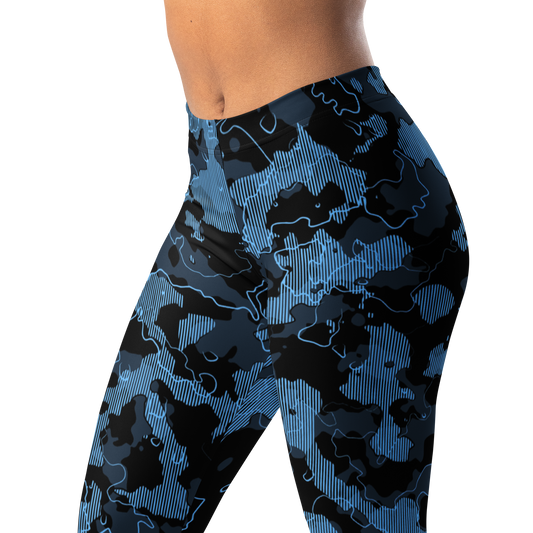 Tundra Classic Blue camouflage mid-rise comfort leggings, waistband and pattern detail.