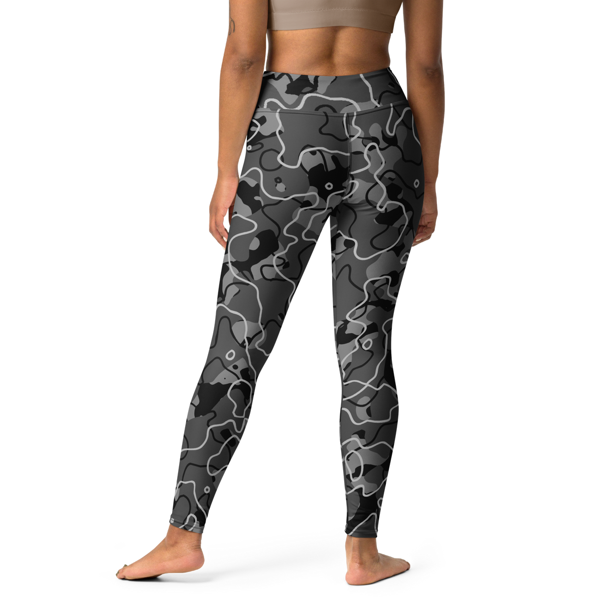 Tundra Greyscale camouflage high-waisted yoga leggings, back view.