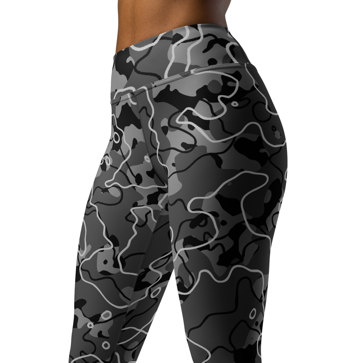 Tundra Greyscale camouflage high-waisted yoga leggings, close pattern view.