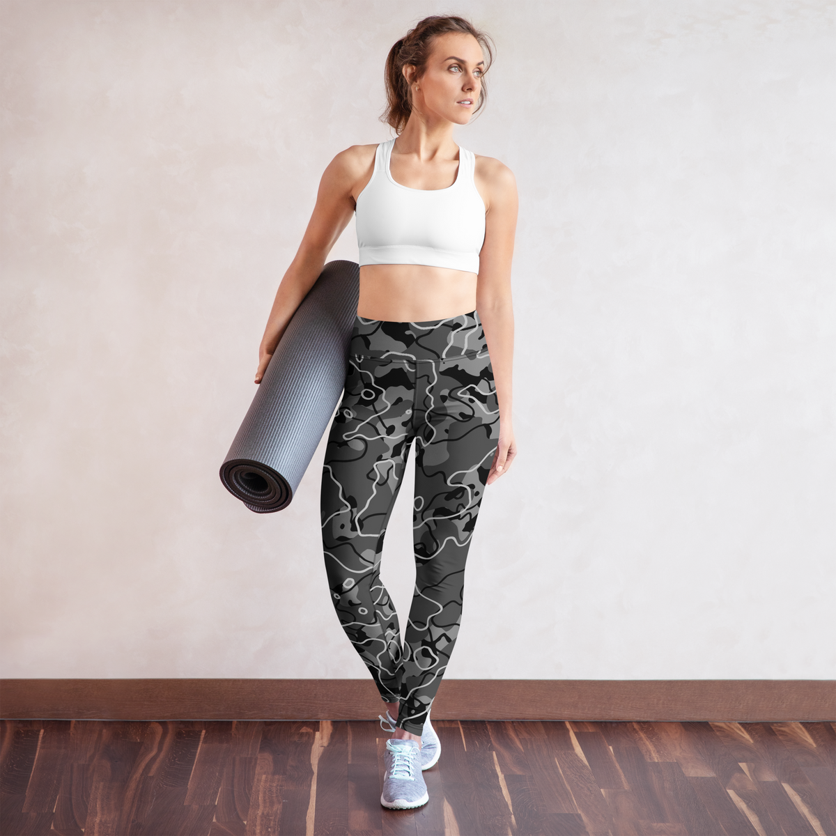 Tundra Greyscale camouflage high-waisted yoga leggings, yoga lifestyle view.