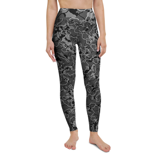 Tundra · Greyscale high-waisted yoga leggings, straight front view, barefoot.