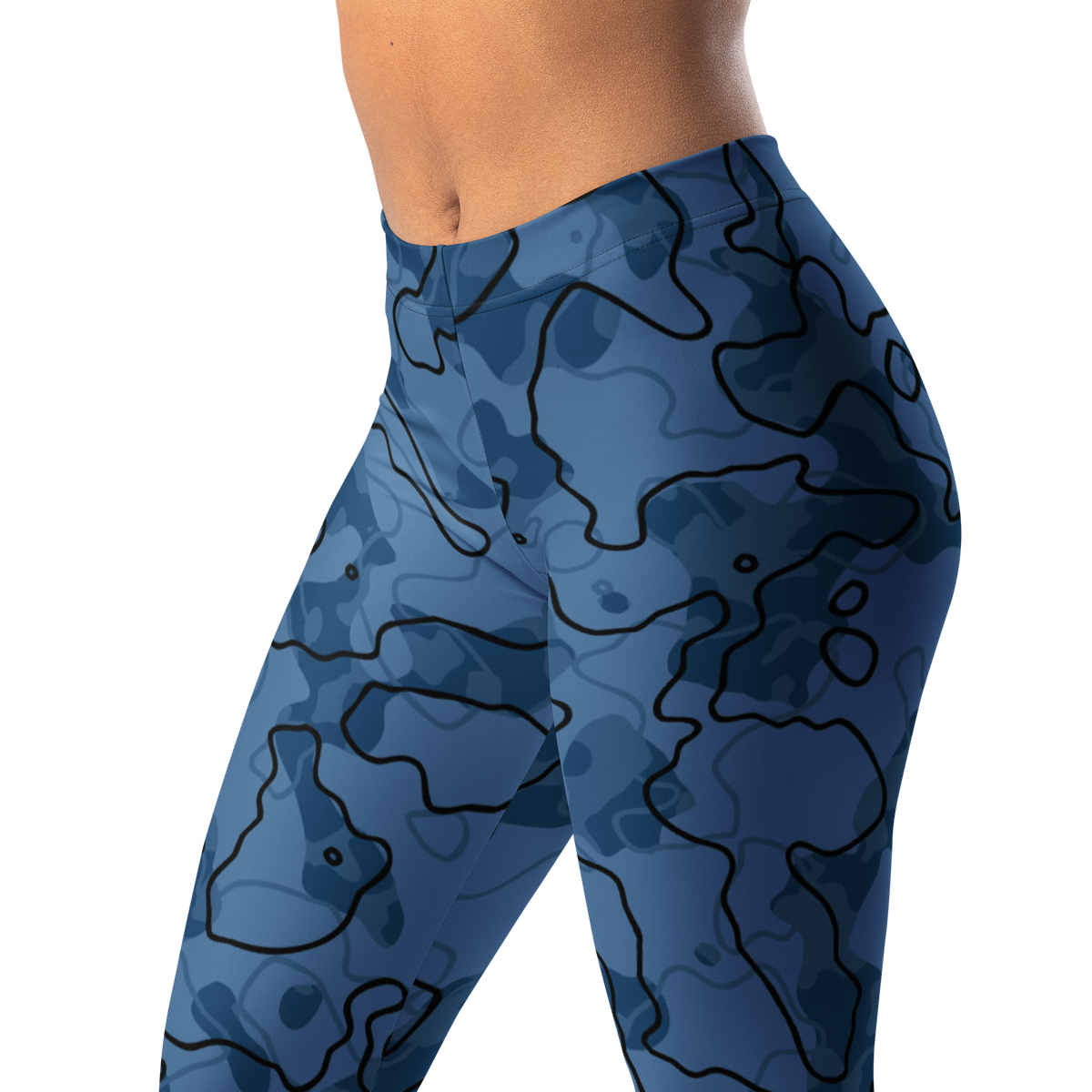 Tundra Lichen Blue camouflage mid-rise comfort leggings, waistband and pattern detail.