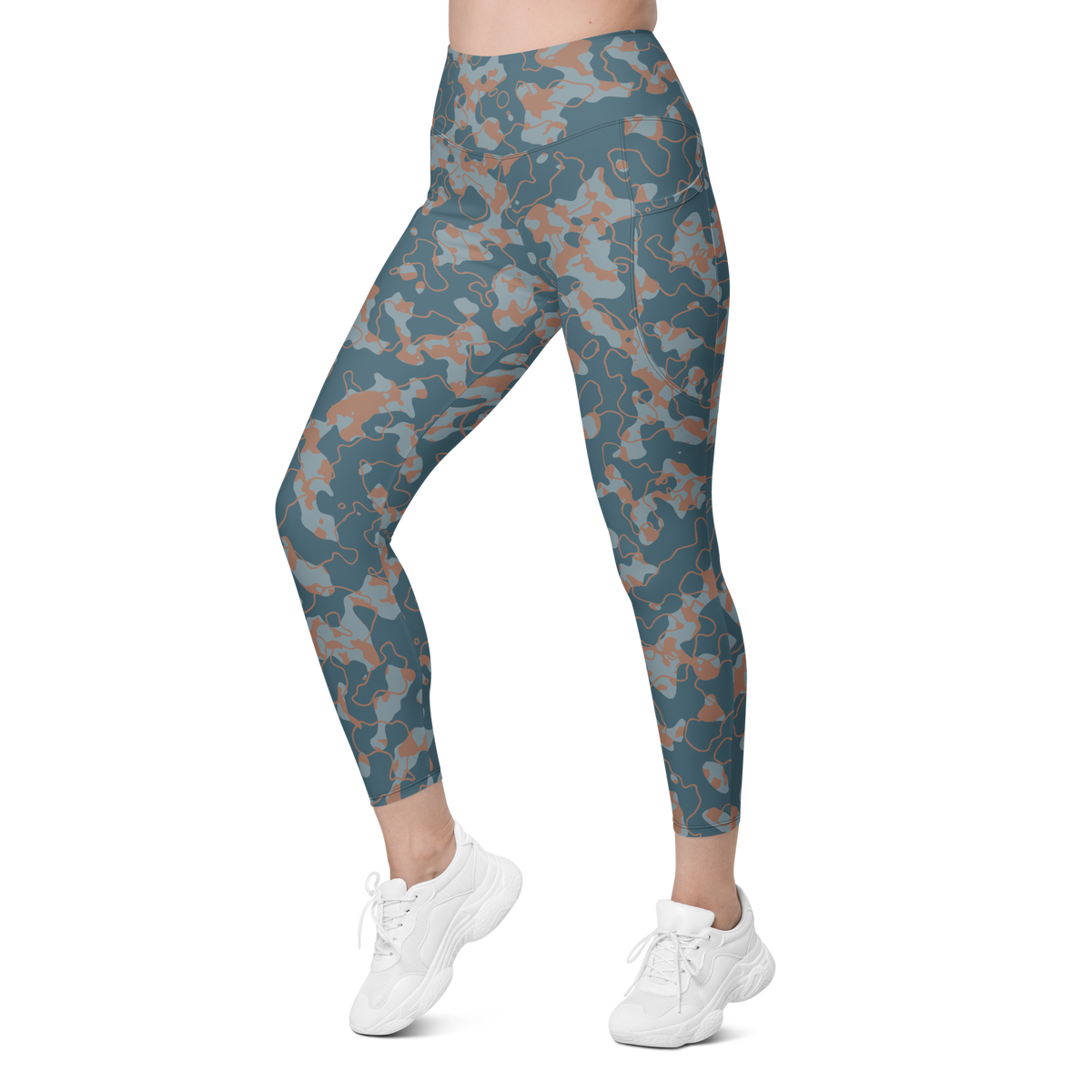 Tundra Subtle Contrasts camouflage high-waisted pocket leggings, left-front view.