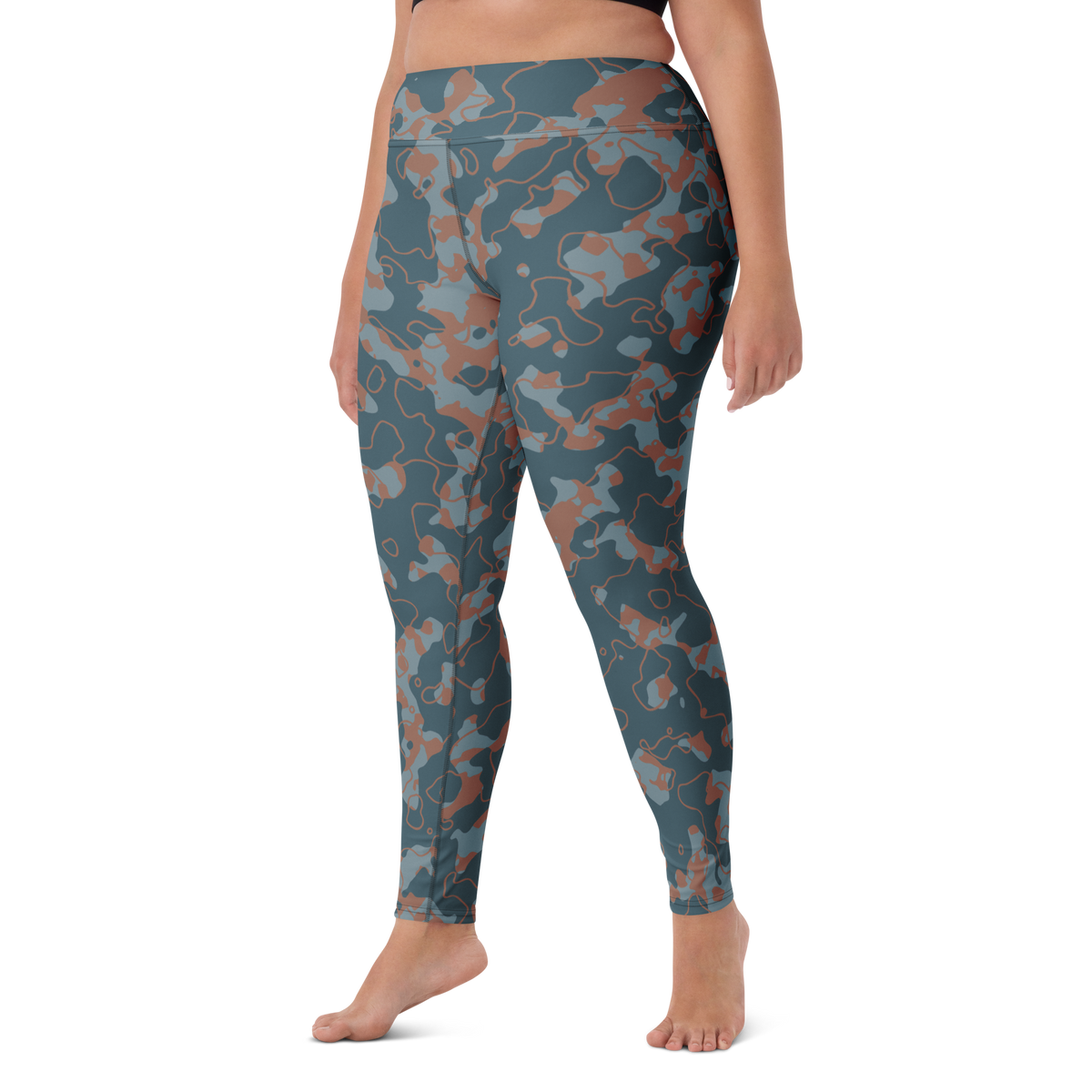 Tundra Subtle Contrasts camouflage high-waisted yoga leggings, larger-model left-front view.