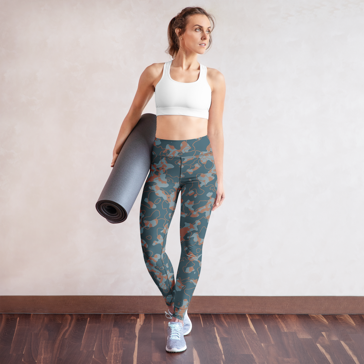 Tundra Subtle Contrasts camouflage high-waisted yoga leggings, yoga lifestyle view.