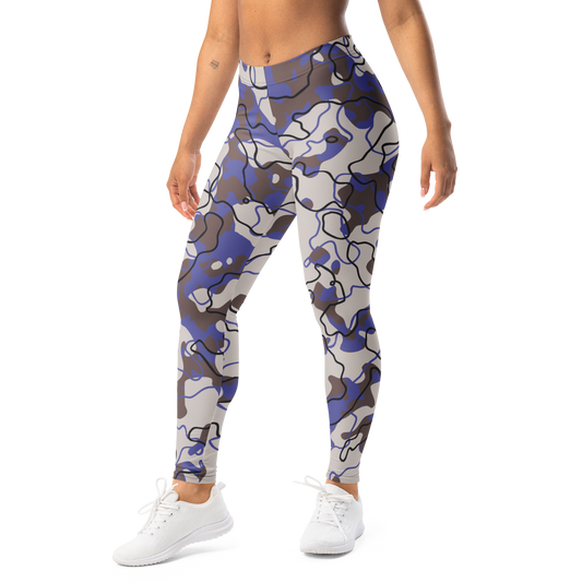 Tundra Very Peri camouflage mid-rise comfort leggings, left-front view.