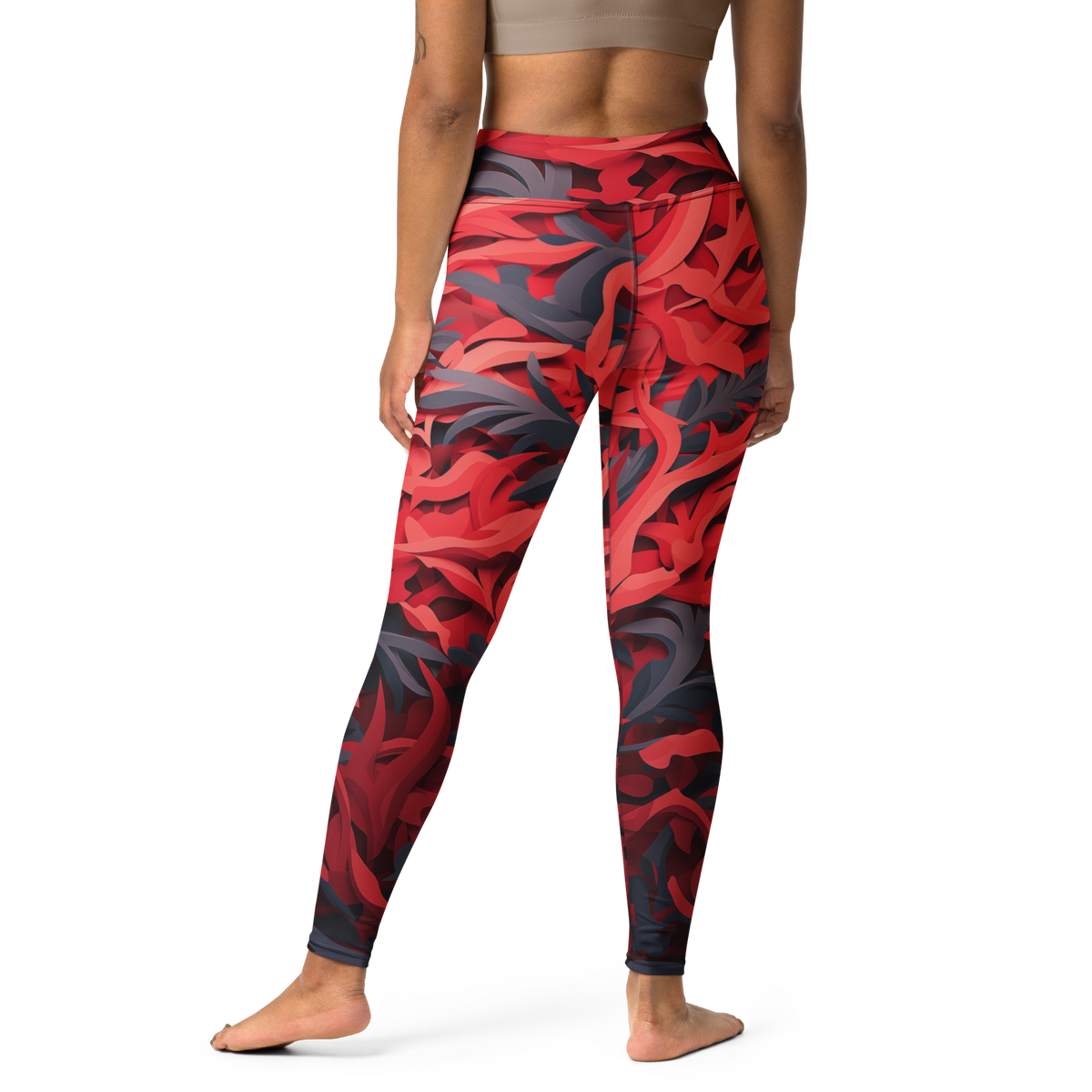 Umbra Red high-waisted yoga leggings, back view.