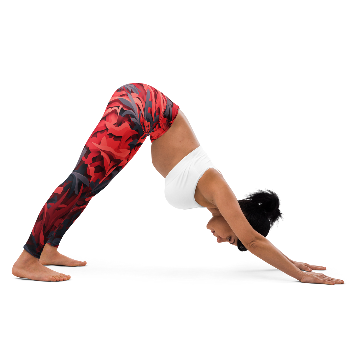 Umbra Red high-waisted yoga leggings, downward-dog stretch view.