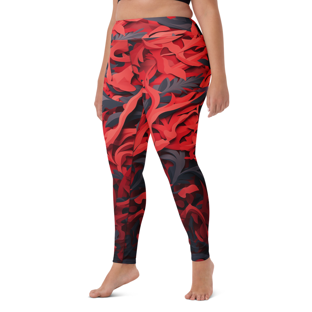 Umbra Red high-waisted yoga leggings, larger-model left-front view.