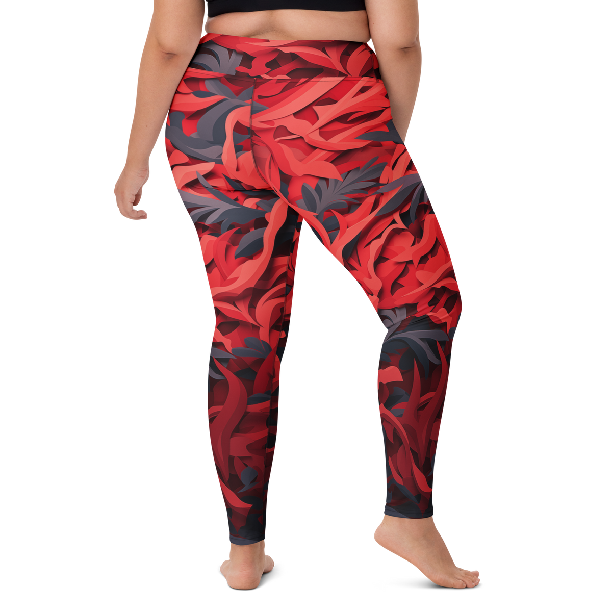 Umbra Red high-waisted yoga leggings, larger-model right-back view.