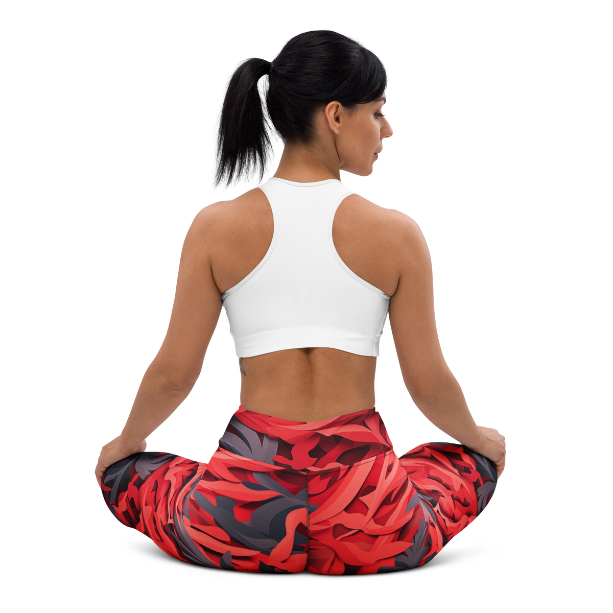 Umbra Red high-waisted yoga leggings, seated back view.