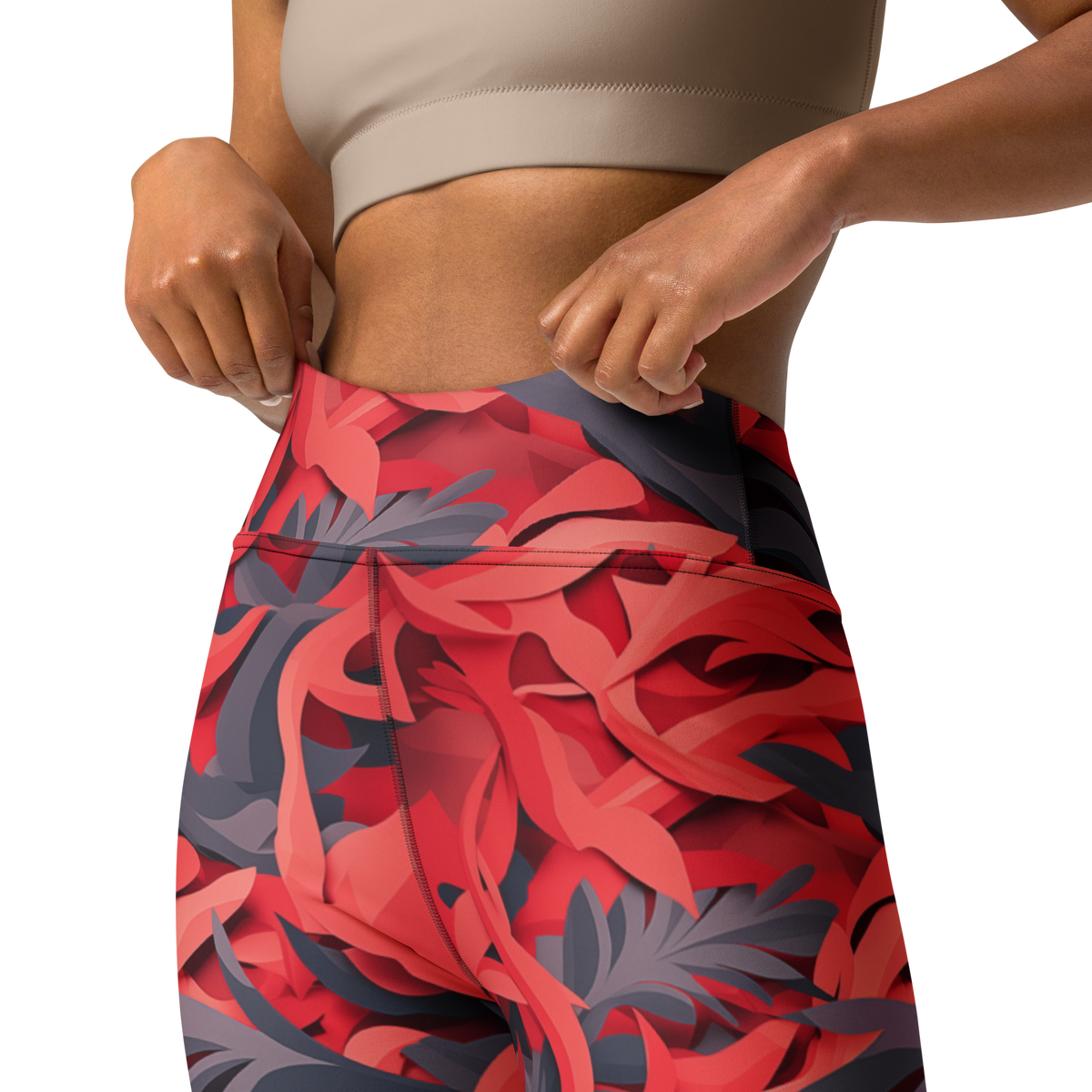 Umbra Red high-waisted yoga leggings, waistband and construction detail.