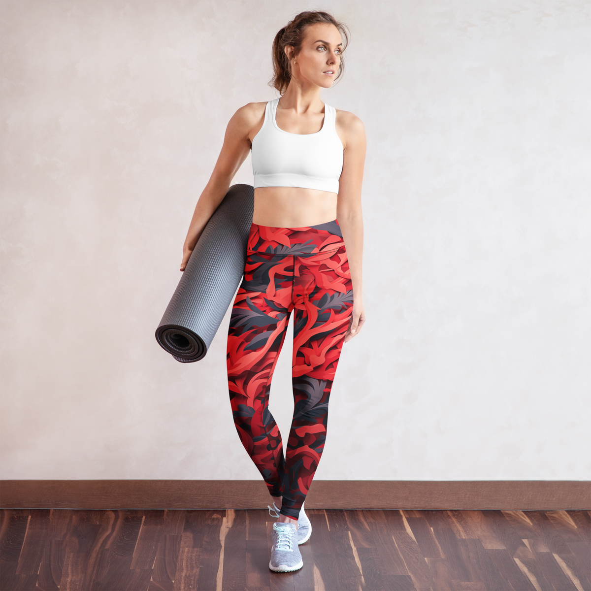 Umbra Red high-waisted yoga leggings, yoga lifestyle view.
