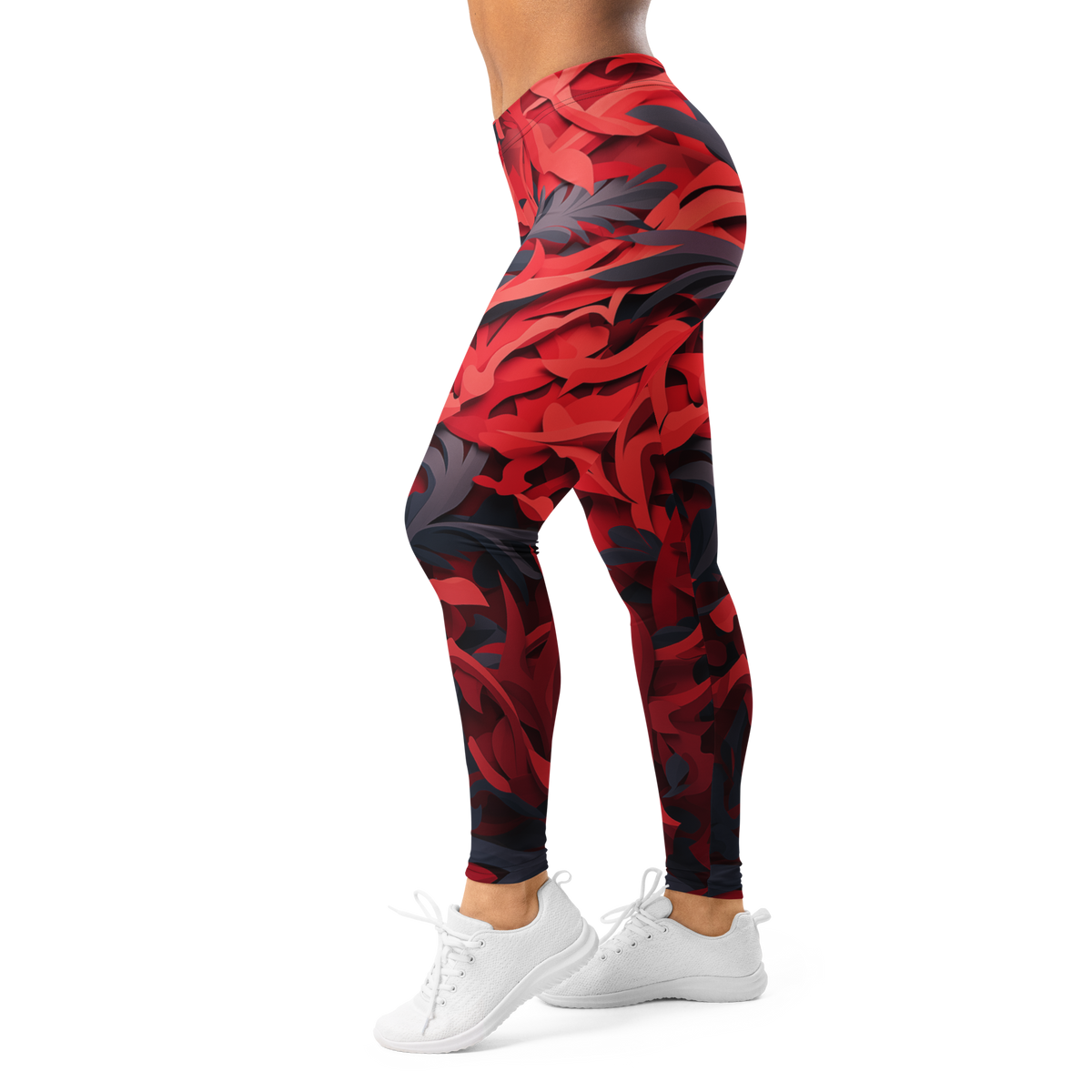 Umbra Red mid-rise comfort leggings, left-side view.
