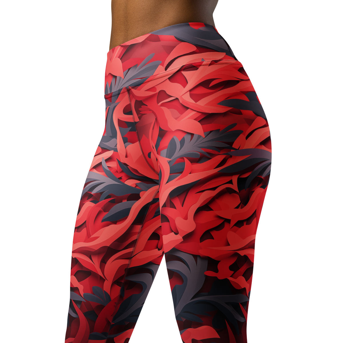 Umbra · Red high-waisted yoga leggings, close three-quarter pattern view.