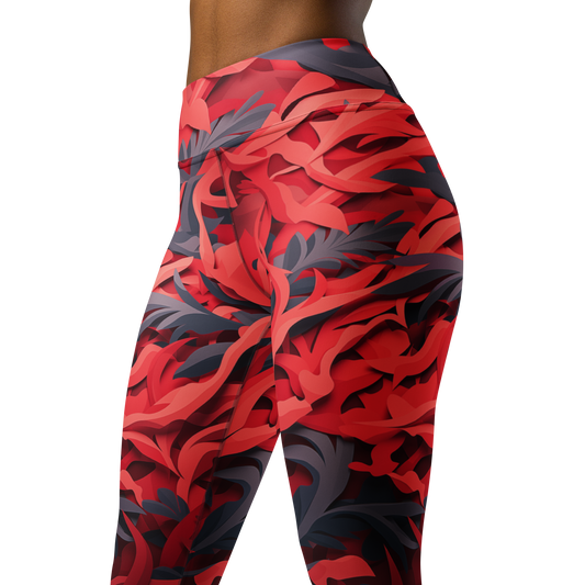 Umbra · Red high-waisted yoga leggings, close three-quarter pattern view.