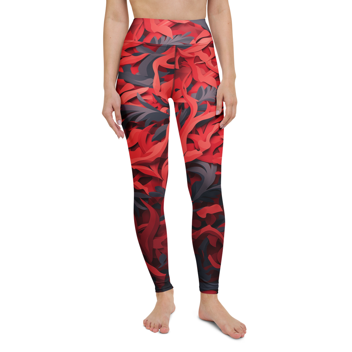 Umbra · Red high-waisted yoga leggings, straight front view, barefoot.