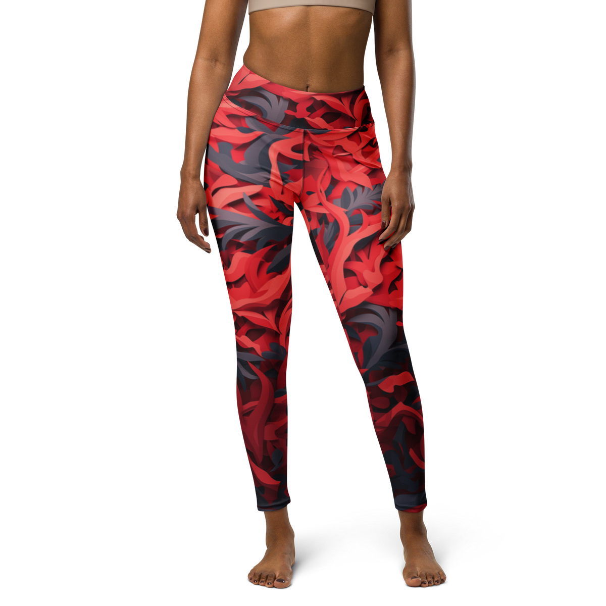 Umbra · Red high-waisted yoga leggings, front view.