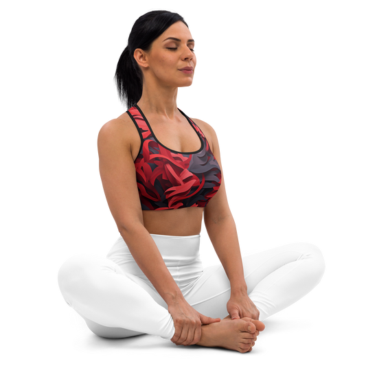 Seated front view of the Umbra medium-support padded sports bra with hooked leaves