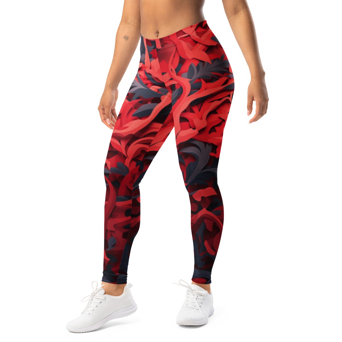 Umbra · Red mid-rise everyday leggings, left-front view.