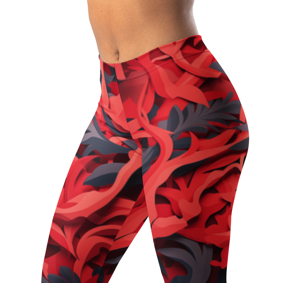 Umbra · Red mid-rise everyday leggings, waistband and pattern detail.