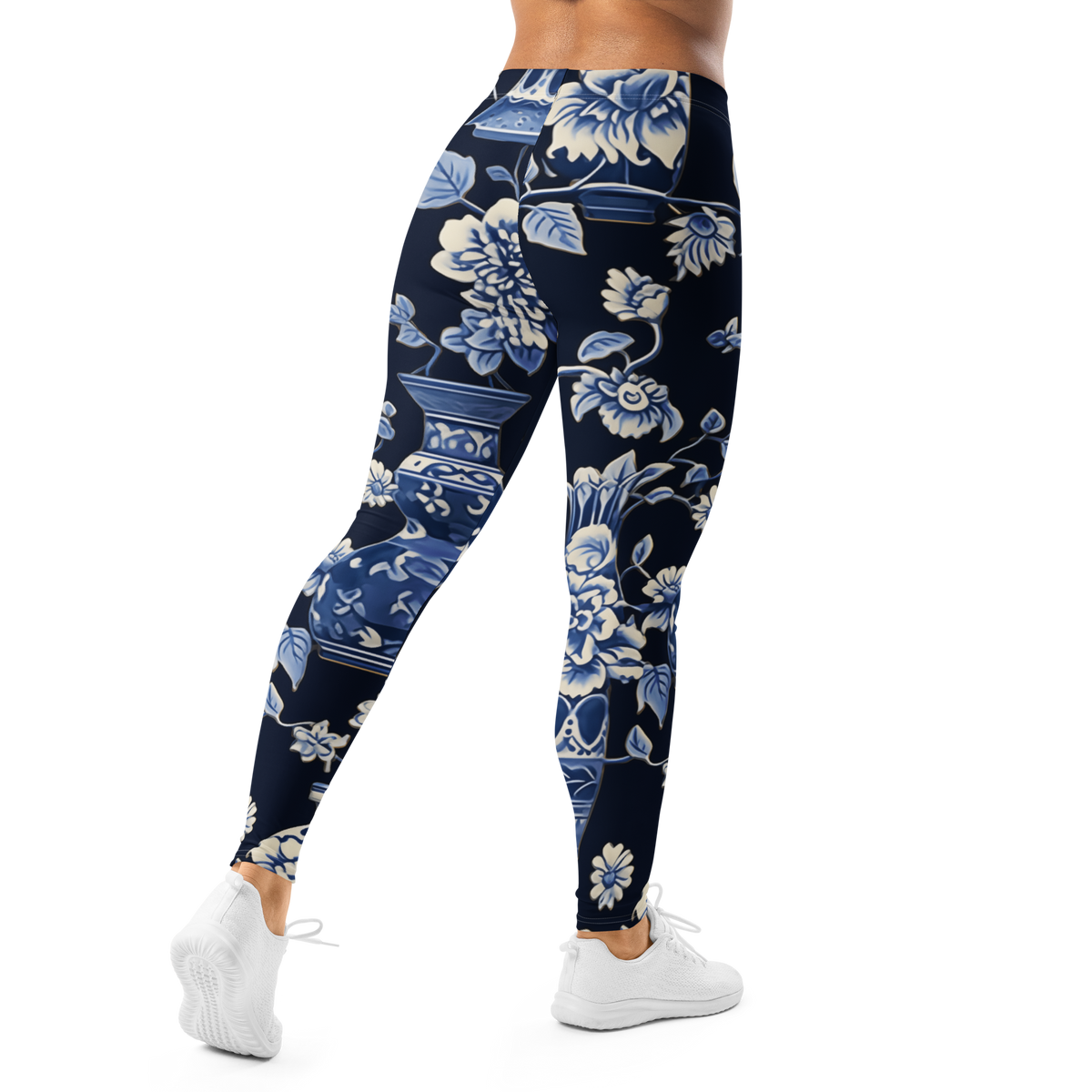 Vase Botanical Trellis Blue mid-rise comfort leggings, back view.