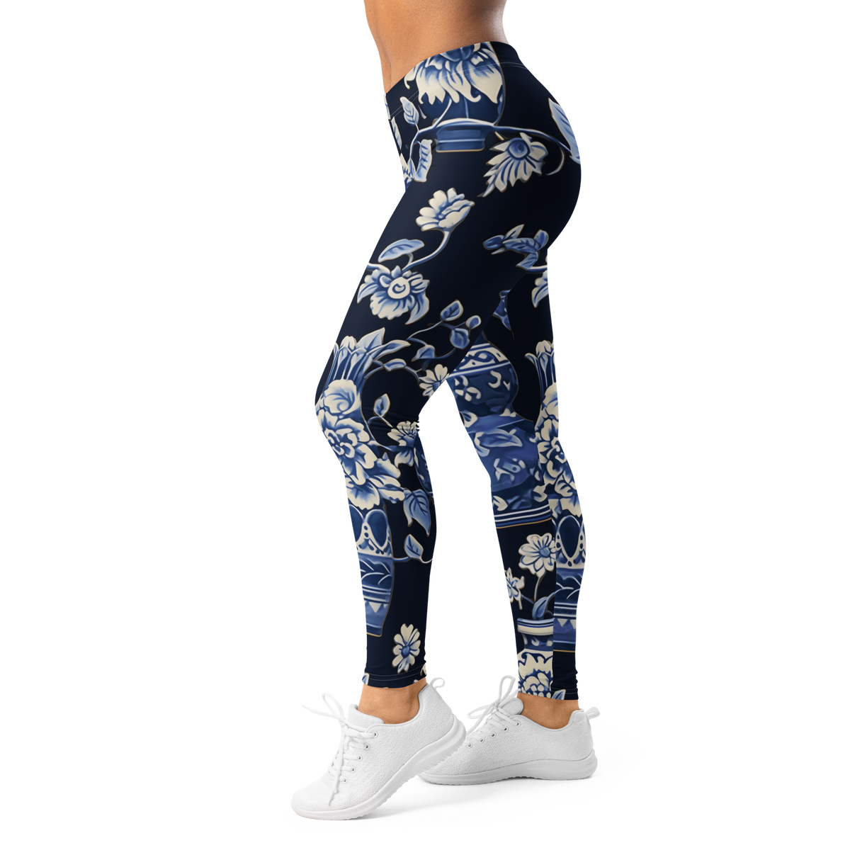 Vase Botanical Trellis Blue mid-rise comfort leggings, left-side view.