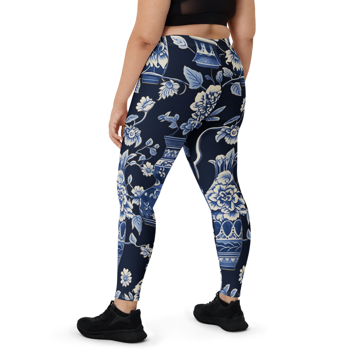 Vase Botanical Trellis Blue mid-rise comfort leggings, oversize-fit back view.
