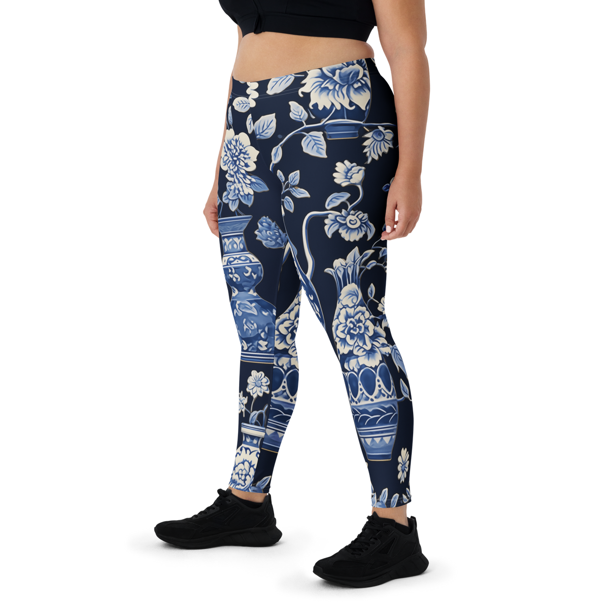 Vase Botanical Trellis Blue mid-rise comfort leggings, oversize-fit front view.