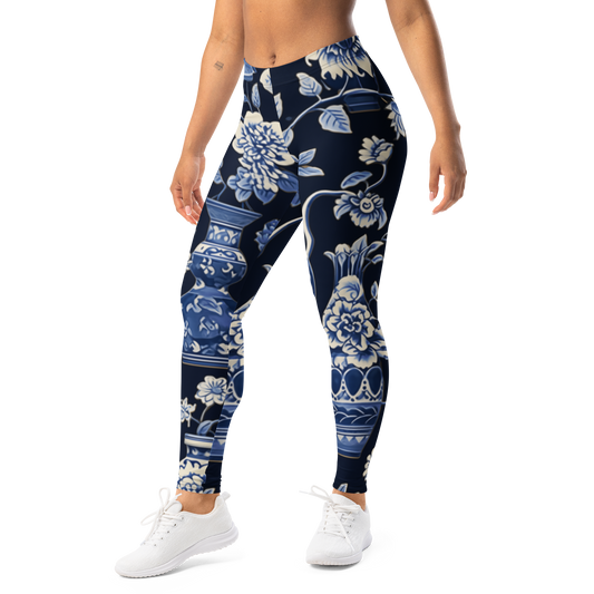 Vase — Botanical Trellis · Blue mid-rise everyday leggings, left-front view.