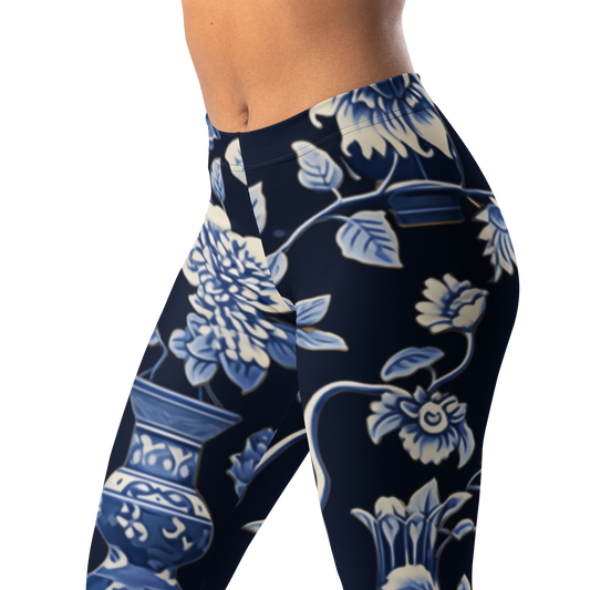 Vase — Botanical Trellis · Blue mid-rise everyday leggings, waistband and pattern detail.