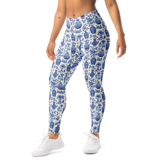Vase — Still Life Scatter · Blue mid-rise everyday leggings, left-front view.