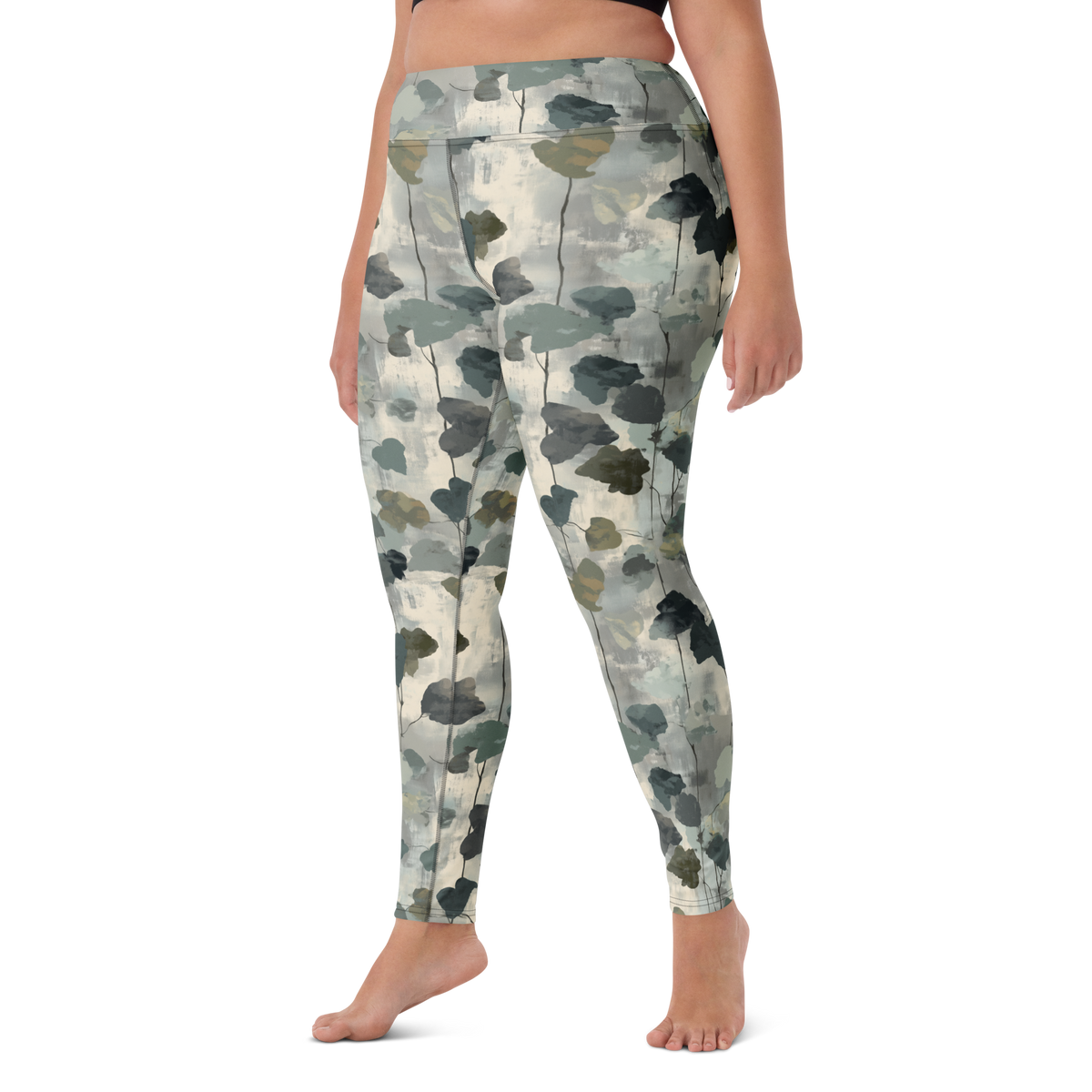 Vincit Original camouflage high-waisted yoga leggings, larger-model left-front view.