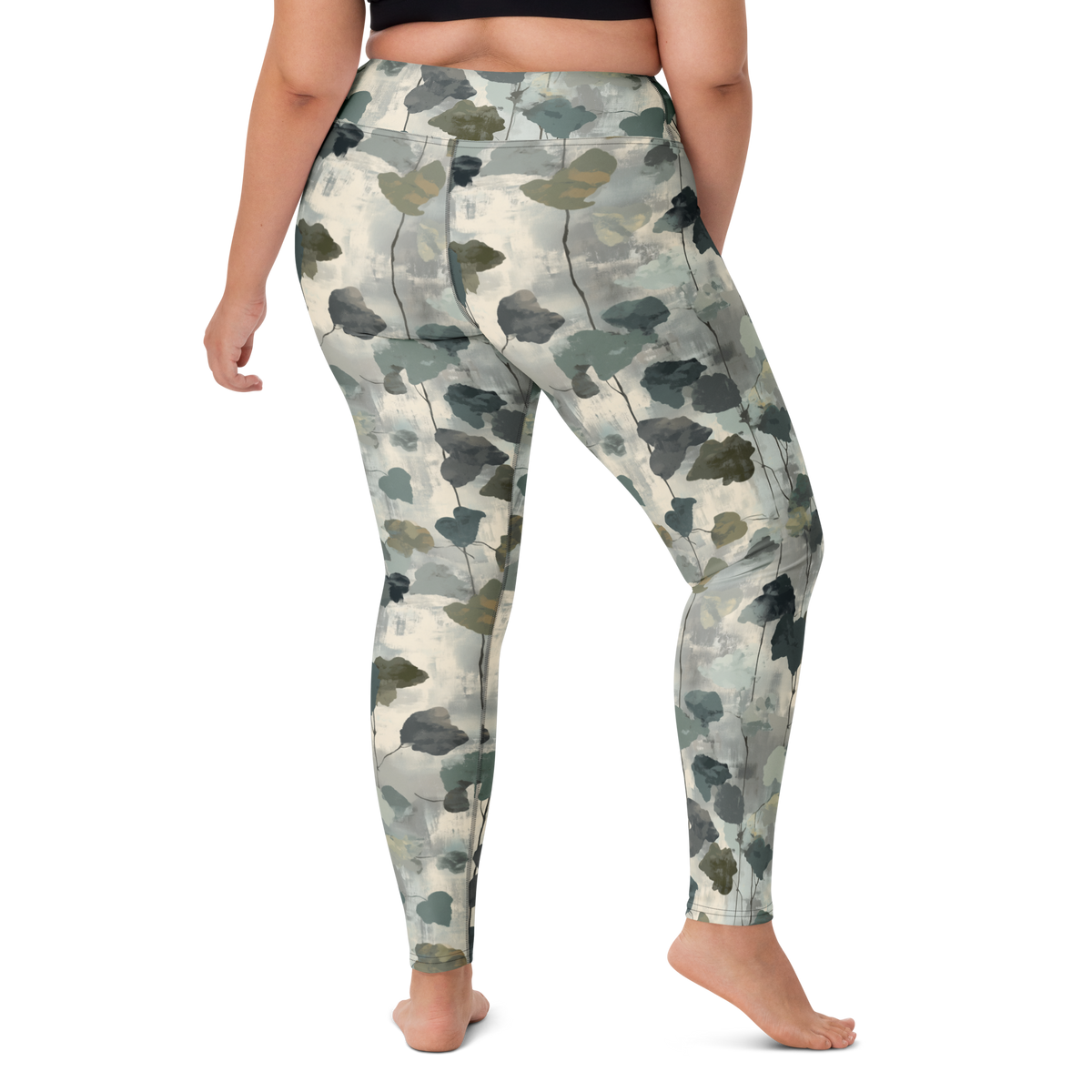 Vincit Original camouflage high-waisted yoga leggings, larger-model right-back view.
